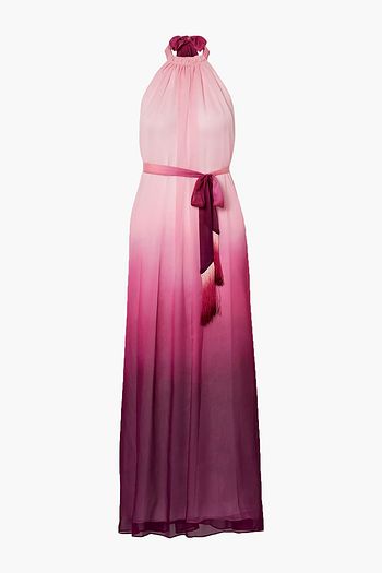 JONATHAN SIMKHAI Fringed ombré crinkled chiffon halterneck maxi dress