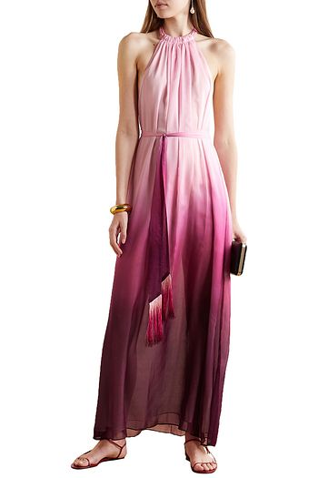 JONATHAN SIMKHAI Fringed ombré crinkled chiffon halterneck maxi dress