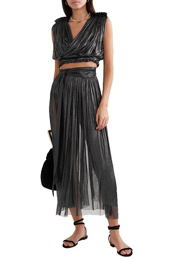 ELENA MAKRI Delfis asymmetric pleated metallic silk-tulle midi skirt