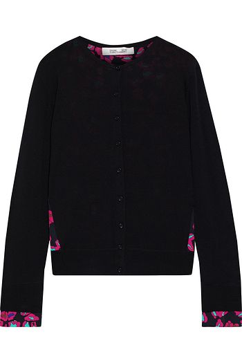 DIANE VON FURSTENBERG Lettie leopard-print crepe de chine-paneled merino wool cardigan