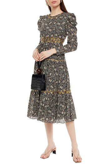 MICHAEL MICHAEL KORS 装飾付き ギャザー入り プリントコットンモスリン ミディワンピース