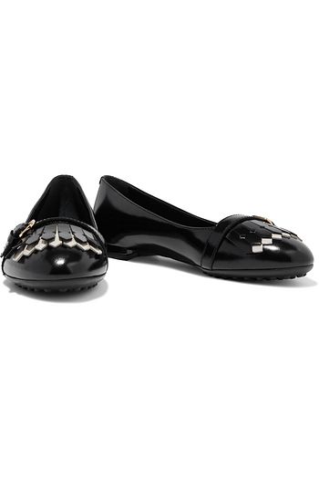 TOD'S Dee buckled fringed glossed-leather ballet flats