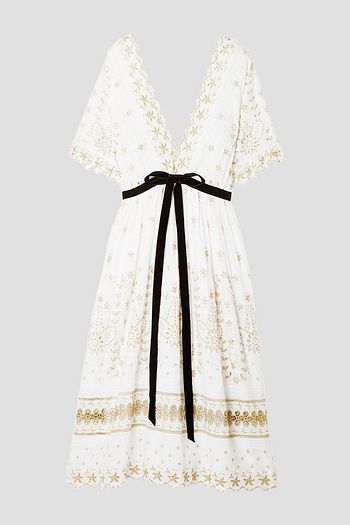 LOVESHACKFANCY Augusta bow-embellished metallic broderie anglaise gauze midi dress