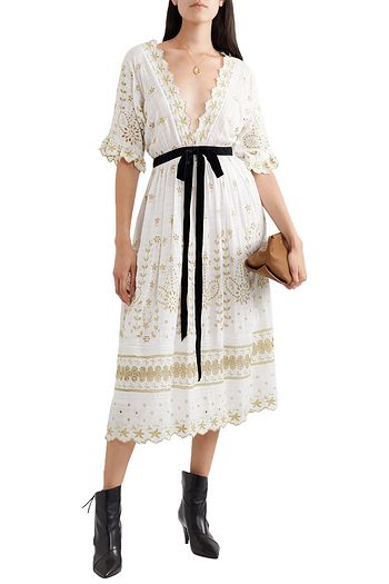 LOVESHACKFANCY Augusta bow-embellished metallic broderie anglaise gauze midi dress
