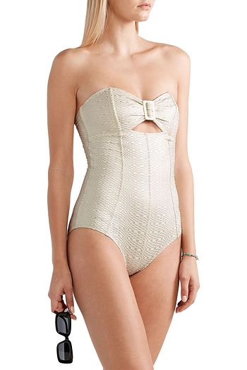 LISA MARIE FERNANDEZ Cutout metallic seersucker bandeau swimsuit