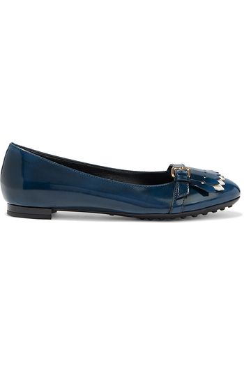 TOD'S Dee buckled fringed glossed-leather ballet flats