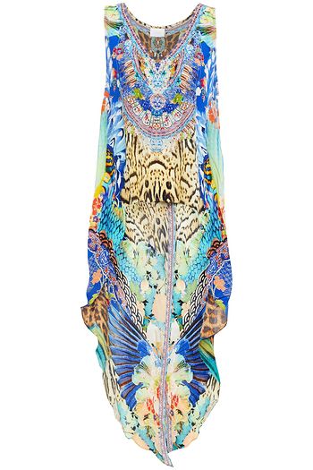 CAMILLA Asymmetric crystal-embellished printed silk crepe de chine top