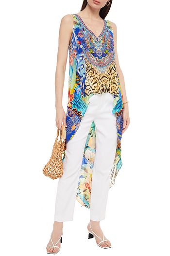 CAMILLA Asymmetric crystal-embellished printed silk crepe de chine top
