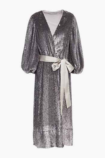 ALICE + OLIVIA Anne belted sequined crepe de chine midi wrap dress