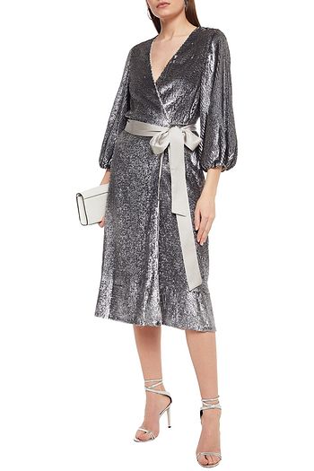 ALICE + OLIVIA Anne belted sequined crepe de chine midi wrap dress