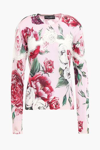DOLCE & GABBANA Lace-trimmed floral-print silk-blend sweater