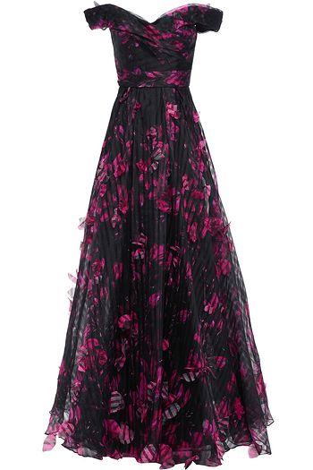 MARCHESA NOTTE Off-the-shoulder appliquéd floral-print organza gown