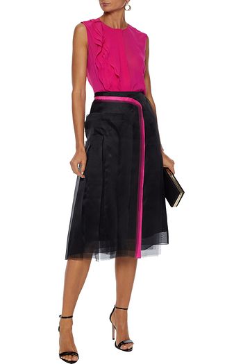LANVIN Grosgrain-trimmed frayed silk-organza skirt