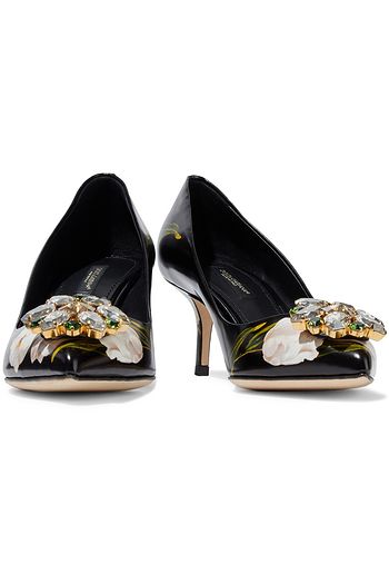 DOLCE & GABBANA Crystal-embellished floral-print glossed-leather pumps