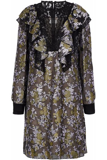 LANVIN Lace-paneled ruffled brocade dress
