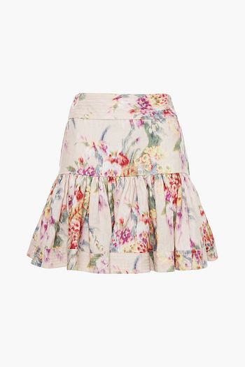 ZIMMERMANN Minirock aus Leinen mit floralem Print und Raffung