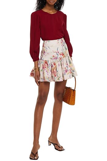 ZIMMERMANN Minirock aus Leinen mit floralem Print und Raffung