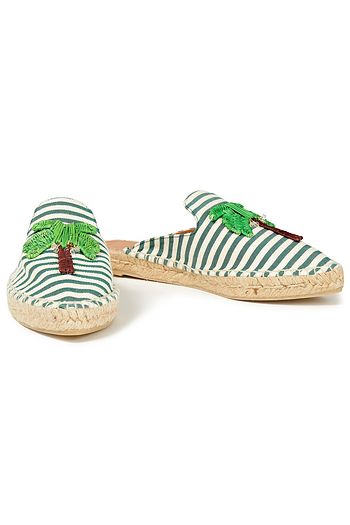 CASTAÑER Rumi embellished raffia and canvas slippers