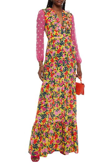 SALONI Ginny ruffled printed silk crepe de chine and chiffon maxi dress