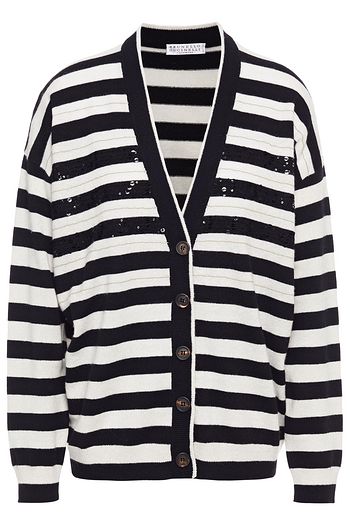 BRUNELLO CUCINELLI Embellished striped cashmere cardigan