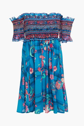 ANJUNA Off-the-shoulder shirred printed cotton-voile mini dress