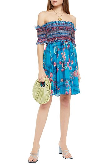 ANJUNA Off-the-shoulder shirred printed cotton-voile mini dress