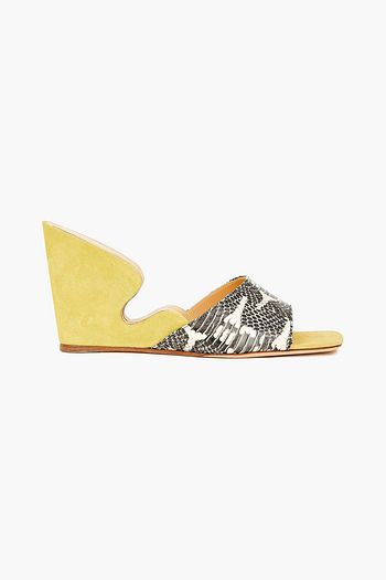 BY FAR Greta paneled suede and snake-effect leather mules