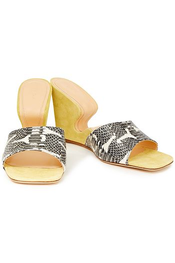 BY FAR Greta paneled suede and snake-effect leather mules