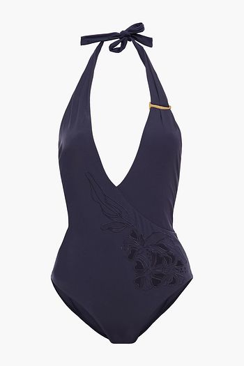 LA PERLA Cutout embroidered halterneck swimsuit