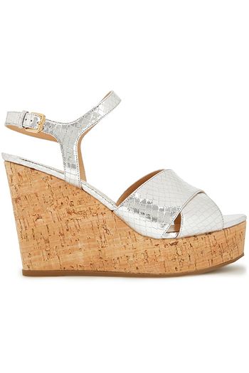 SERGIO ROSSI Metallic snake-effect leather platform wedge sandals