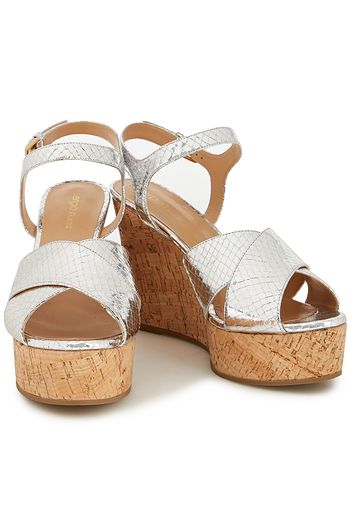 SERGIO ROSSI Metallic snake-effect leather platform wedge sandals