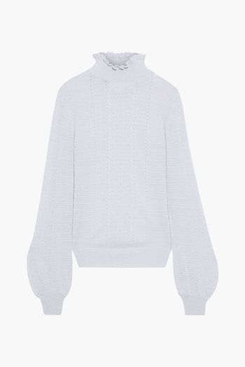AUTUMN CASHMERE Ruffle-trimmed metallic pointelle-knit cashmere-blend turtleneck sweater