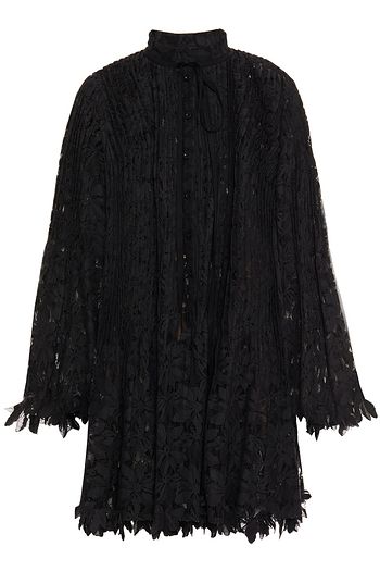 OSCAR DE LA RENTA Grosgrain-trimmed pleated corded lace tunic