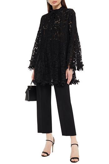 OSCAR DE LA RENTA Grosgrain-trimmed pleated corded lace tunic