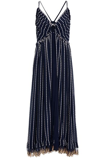 CHLOÉ Cutout embroidered organza-trimmed striped crepe midi dress