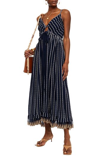 CHLOÉ Cutout embroidered organza-trimmed striped crepe midi dress