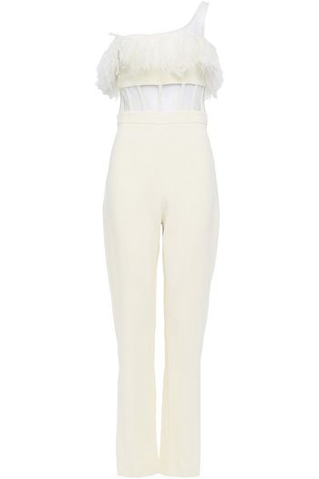 DAVID KOMA One-shoulder feather-trimmed crepe and tulle jumpsuit