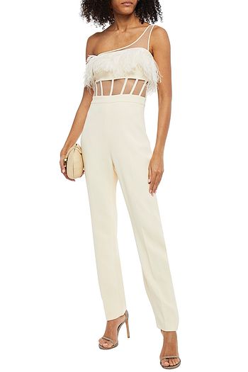 DAVID KOMA One-shoulder feather-trimmed crepe and tulle jumpsuit