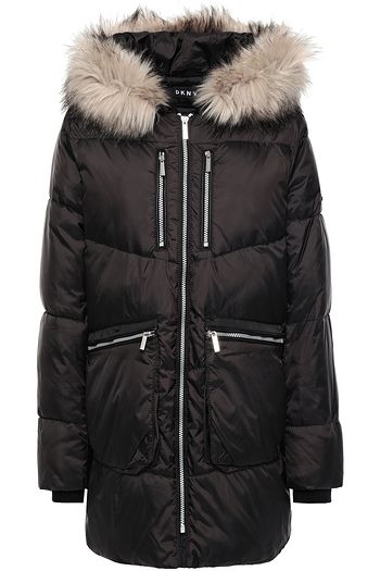 DKNY Faux fur-trimmed quilted shell hooded coat