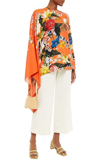 OSCAR DE LA RENTA Asymmetric draped floral-print silk blouse