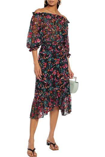 SALONI Grace off-the-shoulder embroidered tulle midi dress