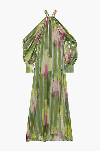 ANJUNA Luna cold-shoulder draped printed metallic silk-blend chiffon maxi dress