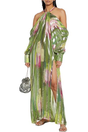 ANJUNA Luna cold-shoulder draped printed metallic silk-blend chiffon maxi dress