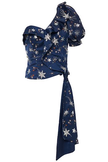 SELF-PORTRAIT Embellished one-shoulder ruffled satin top