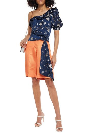SELF-PORTRAIT Embellished one-shoulder ruffled satin top