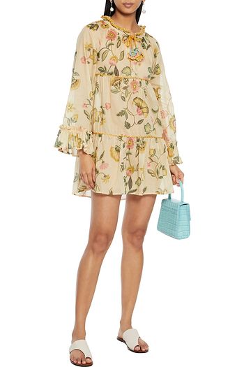 ANJUNA Lara gestuftes Minikleid aus Baumwoll-Voile mit floralem Print und Häkelbesatz