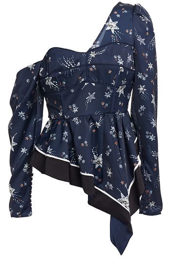 SELF-PORTRAIT One-shoulder printed satin peplum top
