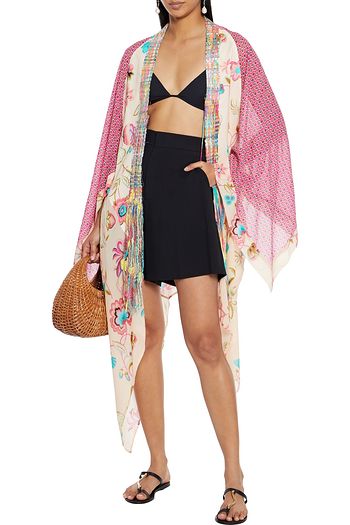ANJUNA Lia asymmetric patchwork printed crepe de chine and chiffon kimono