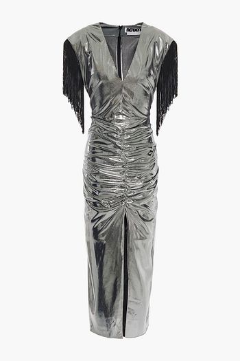 ROTATE BIRGER CHRISTENSEN Gabrielle ruched fringed-trimmed lamé midi dress