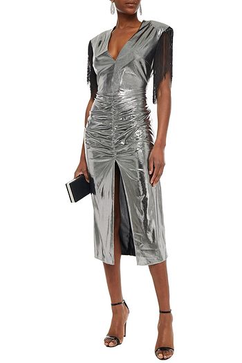 ROTATE BIRGER CHRISTENSEN Gabrielle ruched fringed-trimmed lamé midi dress